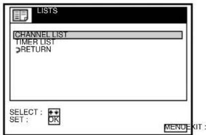 LISTS CHANNEL LIST TIMER LIST RETURN SELECT : + SET : OK MENU EXIT :