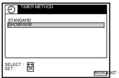 TIMER METHOD STANDARD SHOWVIEW SELECT : SET : OK MENU EXIT :