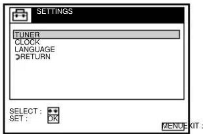 SETTINGS TUNER CLOCK LANGUAGE RETURN SELECT : SET : OK MENU EXIT :