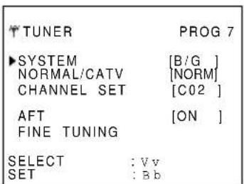 TUNER PROG 7 ▶ SYSTEM [B/G] NORMAL/CATV [NORM] CHANNEL SET [C02] AFT [ON] FINE TUNING SELECT : Vv SET : Bb