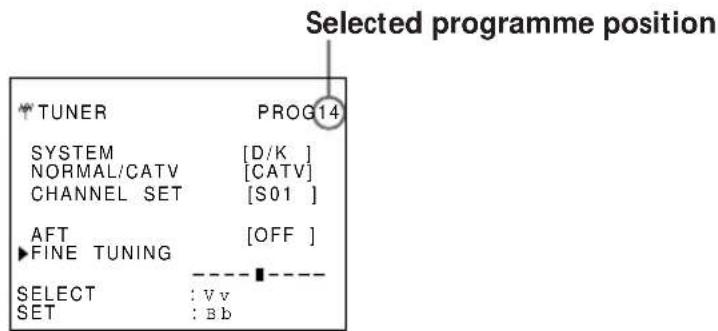 Selected programme position TUNER PROG14 SYSTEM [D/K] NORMAL/CATV [CATV] CHANNEL SET [S01] AFT [OFF] FINE TUNING SELECT : V v SET : S b