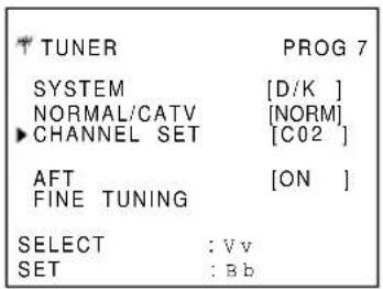 TUNER PROG 7 SYSTEM [D/K ] NORMAL/CATV [NORM] CHANNEL SET [C02 ] AFT [ON ] FINE TUNING SELECT : Vv SET : Bb