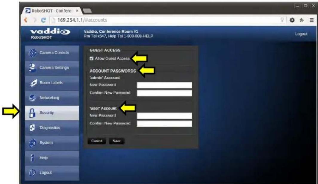 RoboSHOT - Conference 169.254.1.1/#accounts vaddio RoboSHOT Vaddio, Conference Room #1 Rm Tal x847, Help Tol 1-800-888-HELP Logout Camera Controls Camera Settings Room Labels Networking Security Diagnostics System Help Logout GUEST ACCESS Allow Guest Access ACCOUNT PASSWORDS 'admin' Account New Password Confirm New Password 'user' Account New Password Confirm New Password Cancel Save