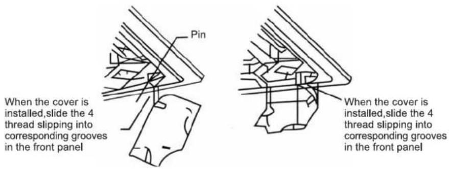 When the cover is installed,slide the 4 thread slipping into corresponding grooves in the front panel Pin When the cover is installed,slide the 4 thread slipping into corresponding grooves in the front panel