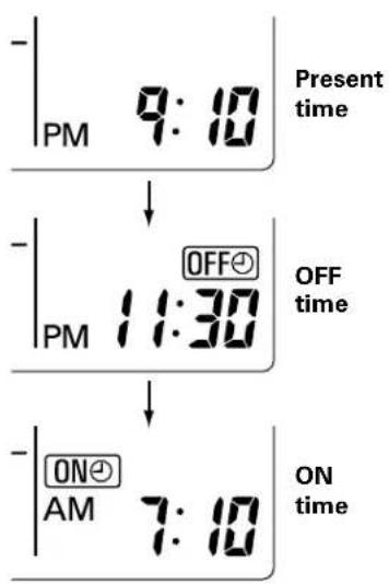 -PM 9:10 Present time OFF PM 11:30 OFF time ON AM 7:10 ON time