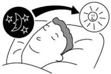Illustration showing a person sleeping with a starry night scene and a sun, indicating sleep or relaxation.