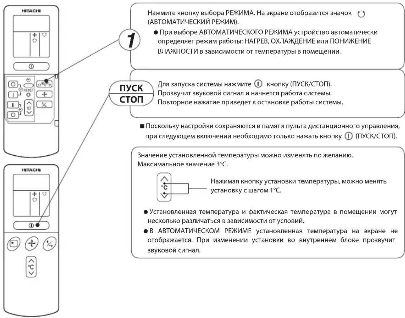 HITACHI 1 Нажмите кнопку выбора РЕЖИМА. На экране отобразится значок (АВТОМАТИЧЕСКИЙ РЕЖИМ). ● При выборе АВТОМАТИЧЕСКОГО РЕЖИМА устройство автоматически определяет режим работы: НАГРЕВ, ОХЛАЖДЕНИЕ или ПОНИЖЕНИЕ ВЛАЖНОСТИ в зависимости от температуры в помещении. ПУСК СТОП Для запуска системы нажмите ① кнопку (ПУСК/СТОП). Прозвучит звуковой сигнал и начнется работа системы. Повторное нажатие приведет к остановке работы системы. ■ Поскольку настройки сохраняются в памяти пульта дистанционного управления, при следующем включении необходимо только нажать кнопку ① (ПУСК/СТОП). Значение установленной температуры можно изменять по желанию. Максимальное значение 3°C. Нажимая кнопку установки температуры, можно менять установку с шагом 1°C. ● Установленная температура и фактическая температура в помещении могут несколько различаться в зависимости от условий. ● В АВТОМАТИЧЕСКОМ РЕЖИМЕ установленная температура на экране не отображается. При изменении установки во внутреннем блоке прозвучит звуковой сигнал.