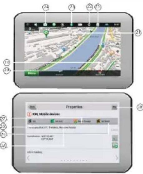 Screenshot of a tablet device showing navigation map and property window with Chinese labels