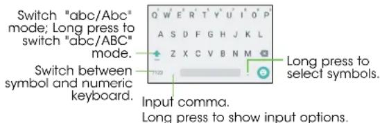 Switch "abc/Abc" mode; Long press to switch "abc/ABC" mode. Switch between symbol and numeric keyboard. Input comma. Long press to show input options.