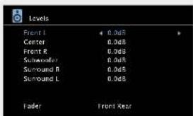 Levels Front 1 0.0dB Center 0.0dB Front R 0.0dB Surround 1 0.0dB Surround R 0.0dB Surround L 0.0dB Fader Front Rear