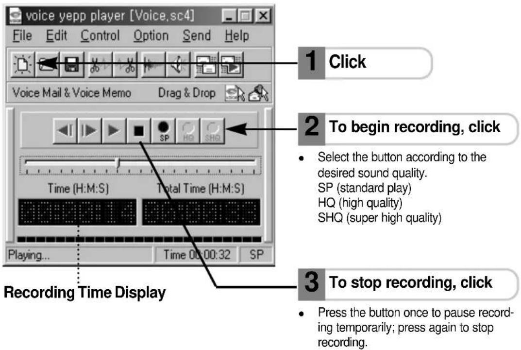 voice yepp player [Voice,sc4] File Edit Control Option Send Help 1 Click 2 To begin recording, click Time (H:M:S) Total Time (H:M:S) Playing... Time 00:00:32 SP Recording Time Display 3 To stop recording, click Press the button once to pause recording temporarily; press again to stop recording.