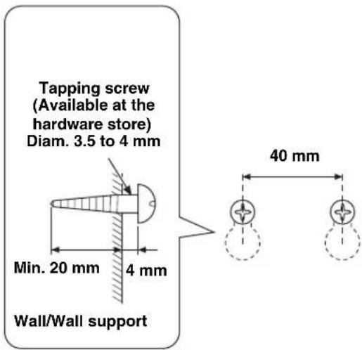 Tapping screw (Available at the hardware store) Diam. 3.5 to 4 mm Min. 20 mm 4 mm Wall/Wall support 40 mm