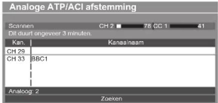 Analoge ATP/ACI afstemming Scannen CH 2 76 CC 1 41 Dit duurt ongeveer 3 minuten. Kan. Kanaa/naam CH 29 CH 33 BBC1 Analoog: 2 Zoeken