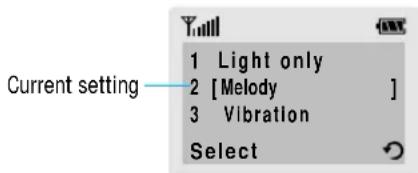 Current setting 1 Light only 2 [Melody ] 3 Vibration Select