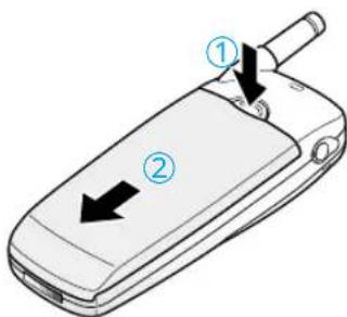 Diagram of a flip phone with labeled parts and directional arrows indicating movement or change.