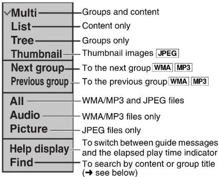 Multi——Groups and content List——Content only Tree——Groups only Thumbnail——Thumbnail images JPEG Next group——To the next group WMA MP3 Previous group——To the previous group WMA MP3 All——WMA/MP3 and JPEG files Audio——WMA/MP3 files only Picture——JPEG files only Help display——To switch between guide messages and the elapsed play time indicator Find——To search by content or group title (→ see below)