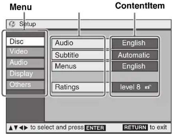 Menu Setup Disc Video Audio Display Others ContentItem Audio Subtitle Menus Ratings English Automatic English level 8 ▲▼◀ to select and press ENTER RETURN to exit