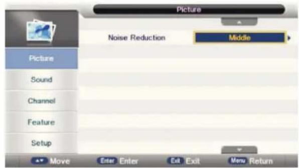 Picture Noise Reduction Middle Picture Sound Channel Feature Setup Move Enter Enter Exit Exit Menu Return