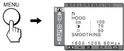 MENU BEELDREGELING HOOG 100 70 50 SMOOTHING 1600 1200 60 Hz x OK EX MENU