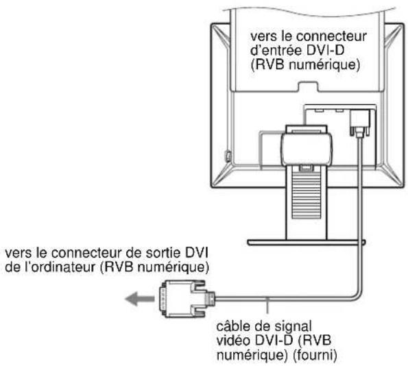 Vers le connecteur d'entrée DVI-D (RVB numérique) Vers le connecteur de sortie DVI de l'ordinateur (RVB numérique) Câble de signal vidéo DVI-D (RVB numérique) (fourni)