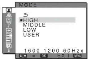 MODE HIGH MIDDLE LOW USER 1600 1200 60 Hz x OK EXIT Help
