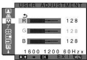 USER ADJUSTMENT R 128 G 128 B 128 1600 1200 60 Hz x OK EXIT NEW