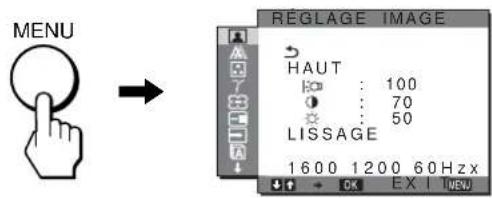 MENU RÉGLAGE IMAGE HAUT 100 70 50 LISSAGE 1600 1200 60Hz EXIT MENU