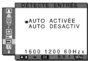 DÉTECTE ENTRÉE AUTO ACTIVÉE AUTO DÉSACTIVÉ 1600 1200 60Hz x OK EXIT LIEU