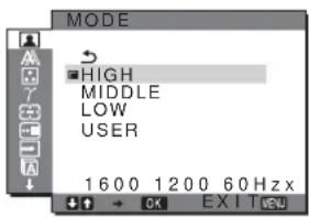 MÓD MAGAS KÖZEPES ALACSONY FELHASZNÁLÓ 1600 1200 60 Hzx OK EXIT MENÜ