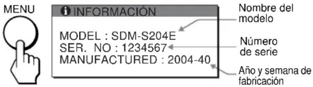 MENU INFORMACIÓN MODEL : SDM-S204E SER. NO : 1234567 MANUFACTURED : 2004-40 Nombre del modelo Número de serie Año y semana de fabricación