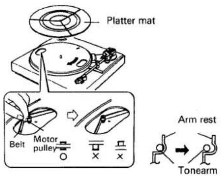 Platter mat Belt Motor pulley Arm rest Tonearm