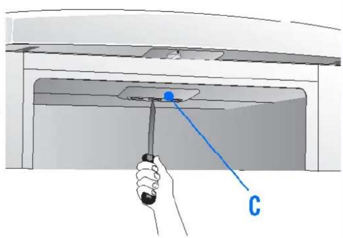 Diagram showing a hand holding a screwdriver with a blue pointer labeled 'C' pointing to a component inside a container or enclosure.