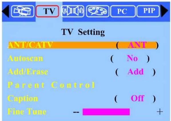 TV Setting ANT/CATV ( ANT ) Autoscan ( No ) Add/Erase ( Add ) Parent Control Caption ( Off ) Fine Tune -- +