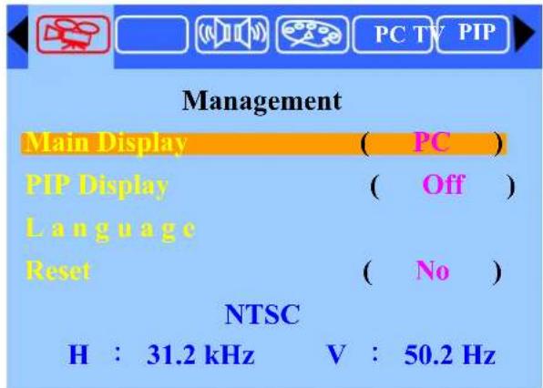 PC TV PIP Management Main Display ( PC ) PIP Display ( Off ) Language Reset ( No ) NTSC H : 31.2 kHz V : 50.2 Hz