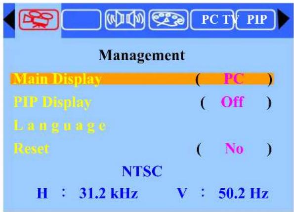 PC TV PIP Management Main Display ( PC ) PIP Display ( Off ) Language Reset ( No ) NTSC H : 31.2 kHz V : 50.2 Hz