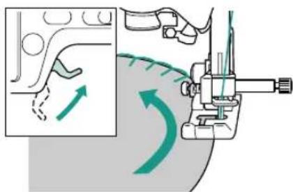 Diagram illustrating sewing machine operation with green arrows indicating direction and motion, showing mechanical components and fabric movement.