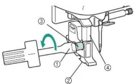 Technical diagram of a mechanical device with numbered components and a green rotation arrow indicating motion