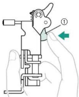 Technical diagram of a mechanical clamp or trigger mechanism with labeled component ① and directional arrow
