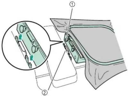 Technical diagram showing a mechanical assembly with labeled parts and a magnified inset view of internal components.