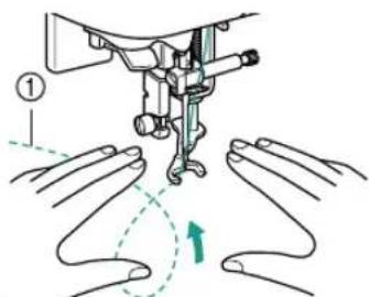 Diagram illustrating sewing machine needle positioning with labeled parts and directional arrows