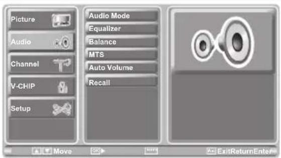 Picture Audio Channel V-CHIP Setup Audio Mode Equalizer Balance MTS Auto Volume Recall Move ExitReturnEnter