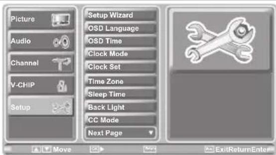 Picture Audio Channel V-CHIP Setup Setup Wizard OSD Language OSD Time Clock Mode Clock Set Time Zone Sleep Time Back Light CC Mode Next Page Move ExitReturnEnter