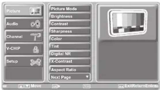 Picture Audio Channel V-CHIP Setup Picture Mode Brightness Contrast Sharpness Color Tint Digital NR X-Contrast Aspect Ratio Next Page Move OK Cancel ExitReturnEnter