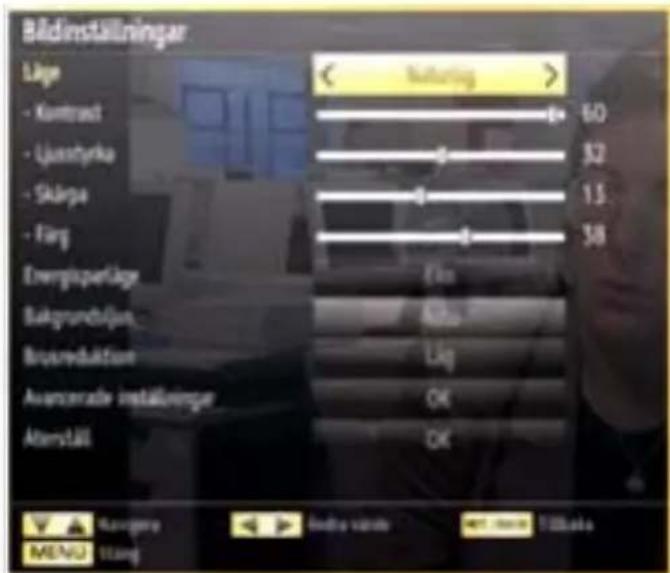 Bädinställningar Läge - KContrast - Ujanshyrka - Skårpa - Fäng Energisperläge Bakgrundöljen Brueräuftur Avancenale installierige Äterställ Naturig 60 32 15 38 Fies Mio Låg OK OK Kuugare MENÜ Tang