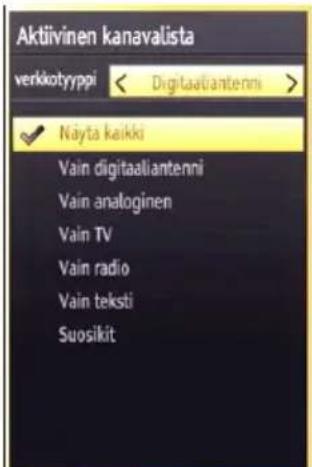Aktiivinen kanavalista verkkotbyppi < Digitaaliantenni > Näyta kaikki Vain digitaaliantenni Vain analoginen Vain TV Vain radio Vain teksti Suosikit