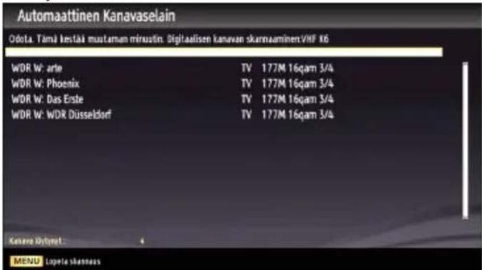 Automaattinen Kanavaselain Odota: Tämä bestää mustaman minustin. Digitaalisen kanavan skarnaaminenVHF 16 WDR W: arte TV 177M 16qam 3/4 WDR W: Phoenix TV 177M 16qam 3/4 WDR W: Das Erste TV 177M 16qam 3/4 WDR W: WDR Düsseldorf TV 177M 16qam 3/4 Keilene Byhnet: MENU | Lopete skannas