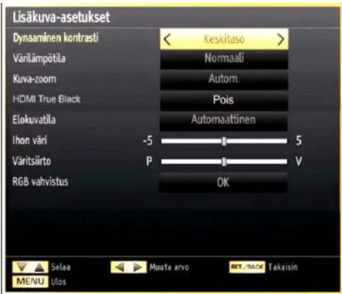 Lisäkuva-asetukset Dynaaminen kontrasti Värlämpötila Kuva-zoom HDMI True Black Elokuvatila Ihon väri Väritsiirto RGB vahvistus Keskitaso Normaali Autom. Pois Automaattinen -5 P 5 V OK Selaa Muuta arvo RET/BACK Takaisin MENU Ulos
