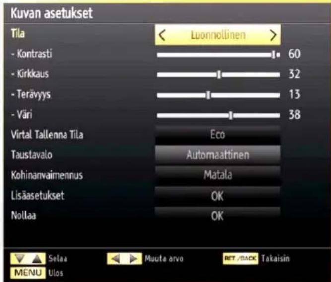 Kuvan asetukset Tila - Kontrasti - Kirkkaus - Terävyys - Väri Virtual Tallenna Tila Taustavalo Kohinanvaimennus Lisääsetukset Nollaa Luonnollinen > 60 32 13 38 Eco Automaattinen Matala OK OK Selaa Muuta arvo RET/BACK Takaisin MENU Ulos