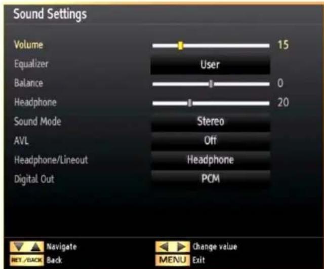 Sound Settings Volume 15 Equalizer User Balance 0 Headphone 20 Sound Mode Stereo AVL Off Headphone/Lineout Headphone Digital Out PCM Navigate Back Change value MENU Exit