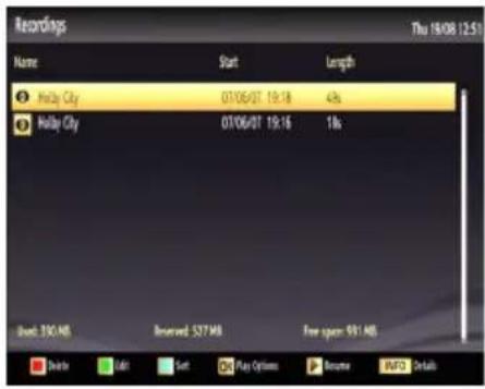 Recordings Thu 18/08 12:51 Name Start Length Holly City 01/06/07 19:18 4s Holly City 01/06/07 19:16 1s Dust: 330 MB Reserved: 337 MB Free spen: 991 MB Drive Cali Salt Pain Options Resome AVGO Details